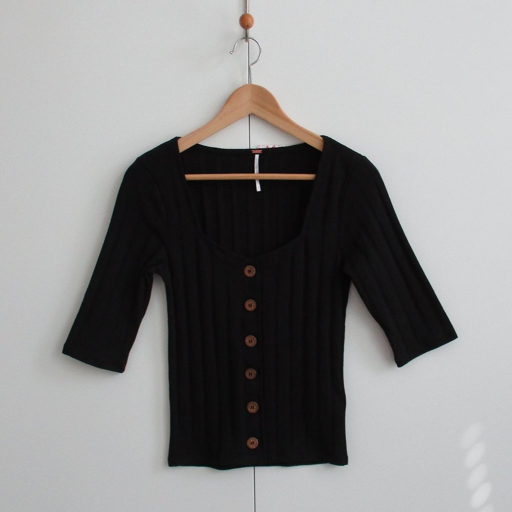 Free People Black Ribbed Button-Down Top - Picture 7 of 7